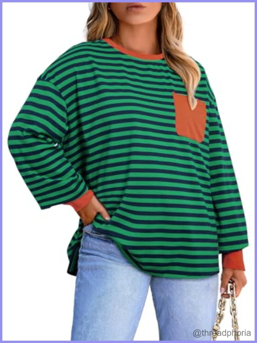 Plus Size Striped Crewneck Long Sleeve Tee with Pockets